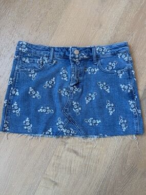Altar'd State Blue Denim Mini Skirt with White Floral Print